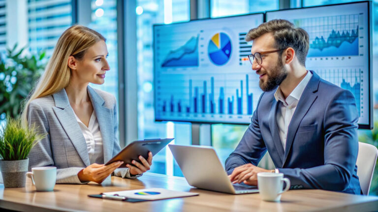 Two business professionals discussing business intelligence data, with graphs and charts displayed on screens in the background.