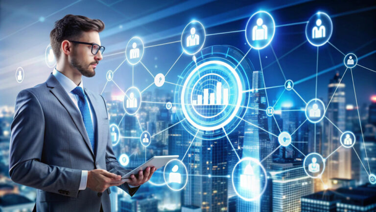 A businessman using a tablet with digital icons, representing a business intelligence strategy.