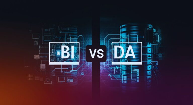Business Intelligence vs Data Analytics representation image, data centers, and business sector.