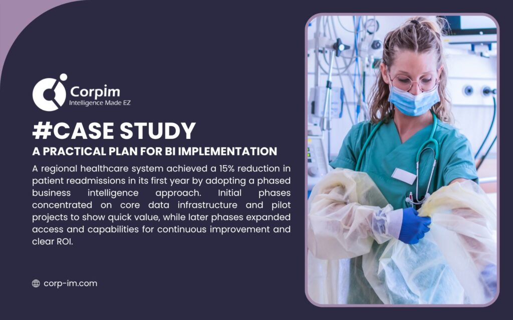 Case Study: A Practical Plan for BI Implementation, showing a nurse, representing healthcare data solutions.