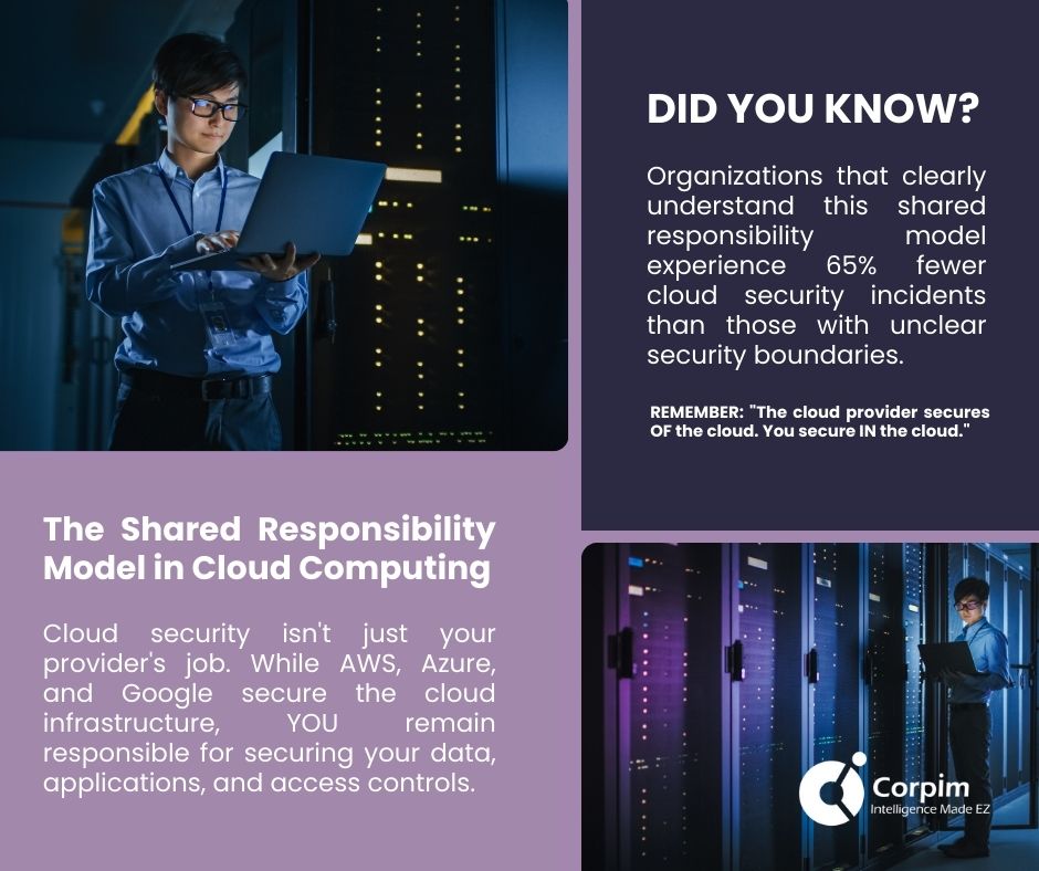 Image explaining Cloud Computing Security and the Shared Responsibility Model. States the cloud provider secures 'of the cloud', while the user secures 'in the cloud'. Also indicates that organizations with a clear understanding of the model experience 65% fewer security incidents. Branded with the Corpim logo.
