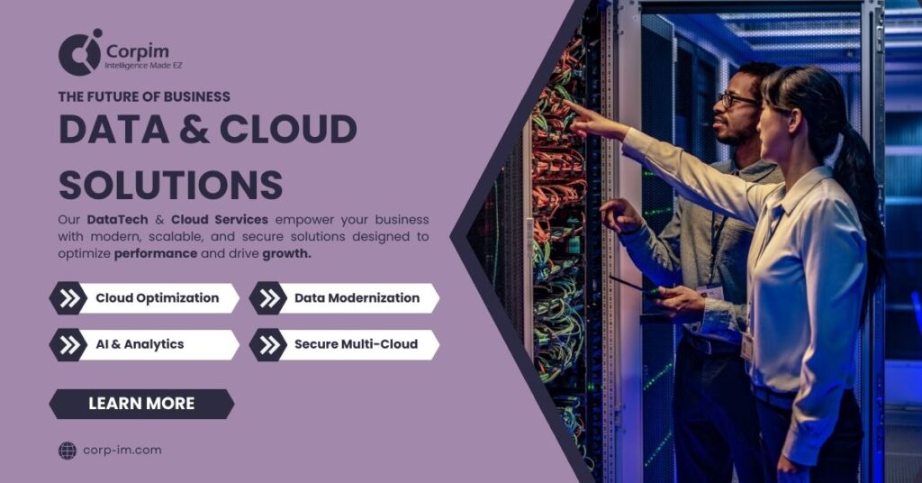 Data and Cloud Solutions for Business: The image highlights a range of data and cloud services (Cloud Optimization, Data Modernization, AI & Analytics, Secure Multi-Cloud) designed to optimize performance and drive growth for businesses. Two people are shown working in a data center.