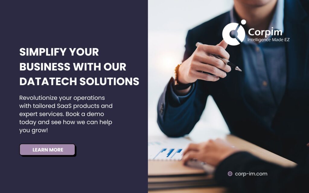 Banner ad promoting datatech solutions by Corpim, featuring business professionals discussing data and analytics. Simplify your business operations with tailored SaaS products and expert services. Book a demo today!