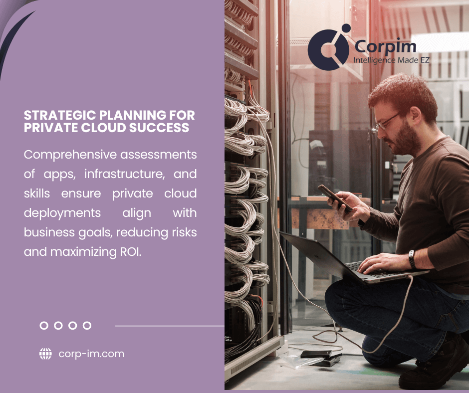 A server room with a glowing cloud icon overhead. Text discusses the future of cloud computing: AI-powered private clouds cut incident resolution time by 40-50%, enhancing reliability with predictive analytics.