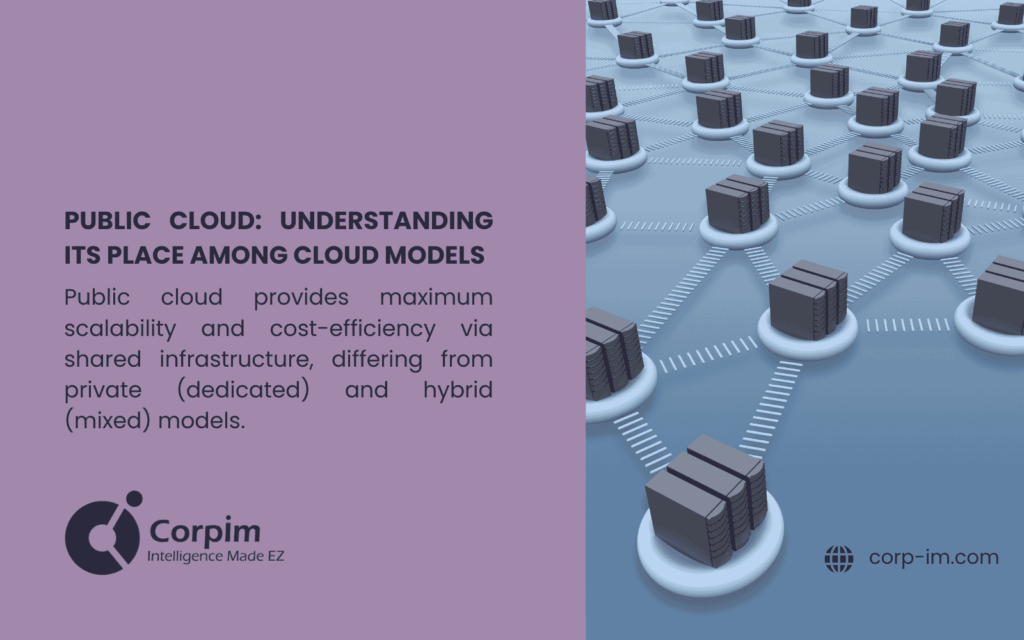  A graphic displays interconnected servers, visually representing the concept of public cloud and its place among cloud models. Public cloud provides maximum scalability and cost-efficiency through shared infrastructure, differentiating it from private (dedicated) and hybrid (mixed) cloud models.