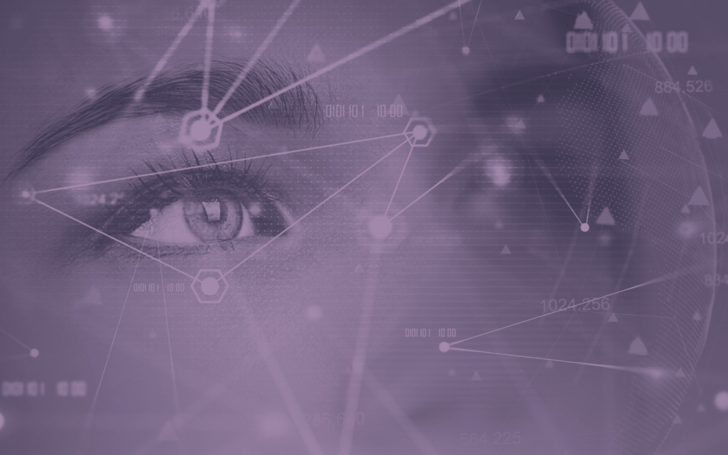 A futuristic image featuring a close-up of a human eye overlaid with a network of digital lines, nodes, and geometric shapes, symbolizing data analysis. The purple-toned design highlights the benefits of business intelligence for small businesses, showcasing how it enhances decision-making with real-time insights and connectivity.