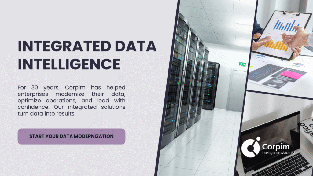 Integrated data business intelligence reporting solutions featuring modern server infrastructure and analytics visualization