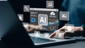Person using laptop with AI interface, displaying charts and data, enhanced by interactive AI tools.