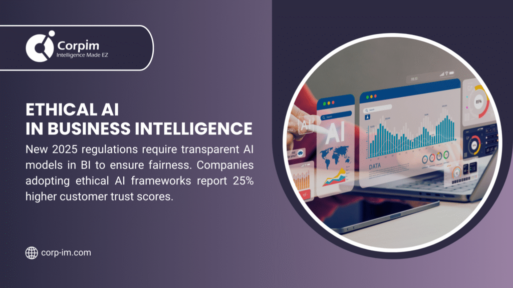  Infographic on ethical AI in business intelligence, highlighting transparency, fairness, and 2025 regulations, with AI models ensuring trust, compliance, and unbiased data analytics for improved decision-making and customer score accuracy.