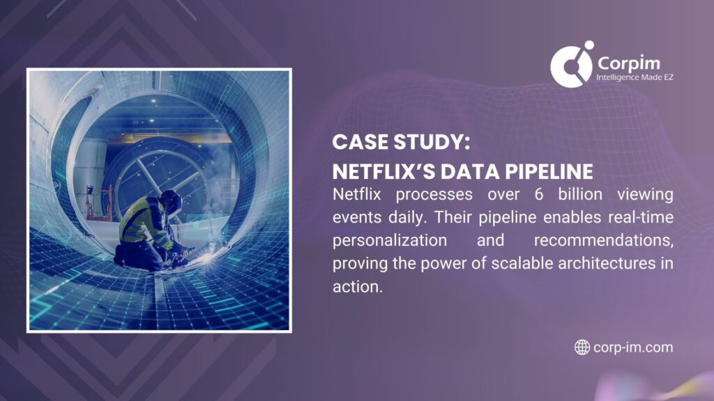 Worker welding inside a large pipe with digital overlay, showcasing Netflix's data pipeline case study, processing over 6 billion viewing events daily for real-time personalization and recommendations.