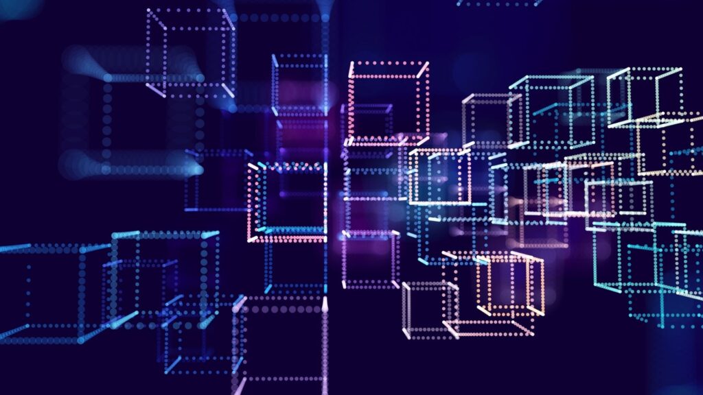 Abstract digital 3D cubes in blue, purple, and pink hues, representing a futuristic data or technology network.