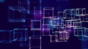 Abstract digital 3D cubes in blue, purple, and pink hues, representing a futuristic data or technology network.