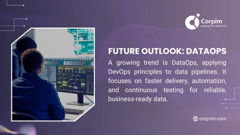 Person working at computer with data charts, illustrating the future outlook of DataOps, a trend applying DevOps principles for faster data pipeline delivery, automation, and continuous testing.