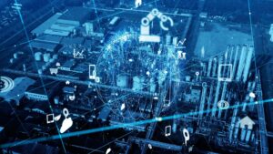 Aerial view of an industrial complex with digital overlay, featuring a robotic arm, globe, and icons for connectivity, representing smart industry technology.