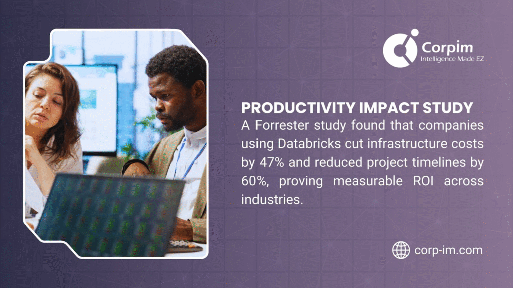 Two people working on a laptop with data on the screen, with text from a Forrester study stating Databricks cuts infrastructure costs by 47% and reduces project timelines by 60%, proving measurable ROI across industries, branded by Corpim Intelligence Made EZ.