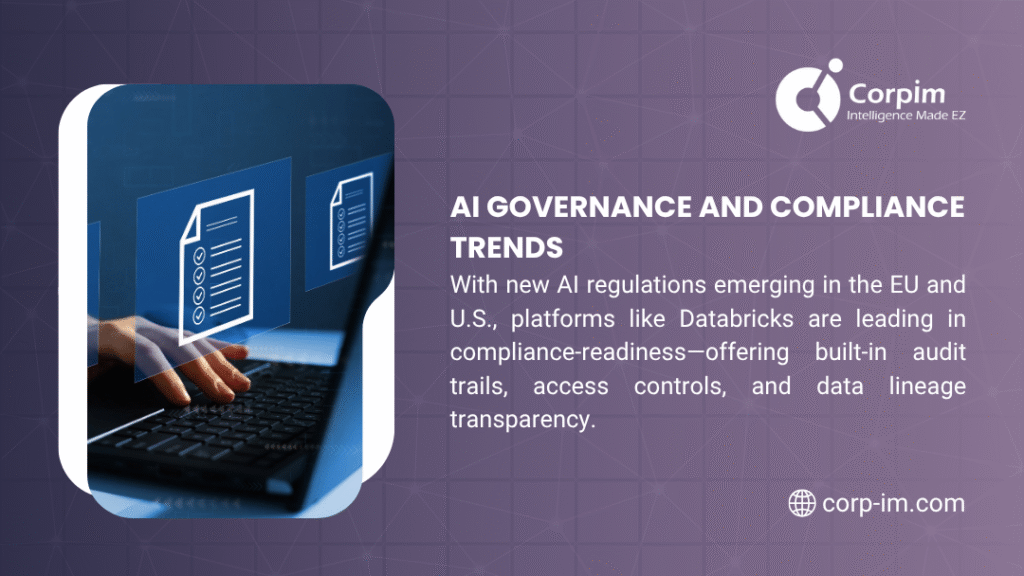 A person typing on a laptop with checklist icons, alongside text on AI governance and compliance trends, highlighting new EU and U.S. regulations and Databricks' compliance-readiness features.
