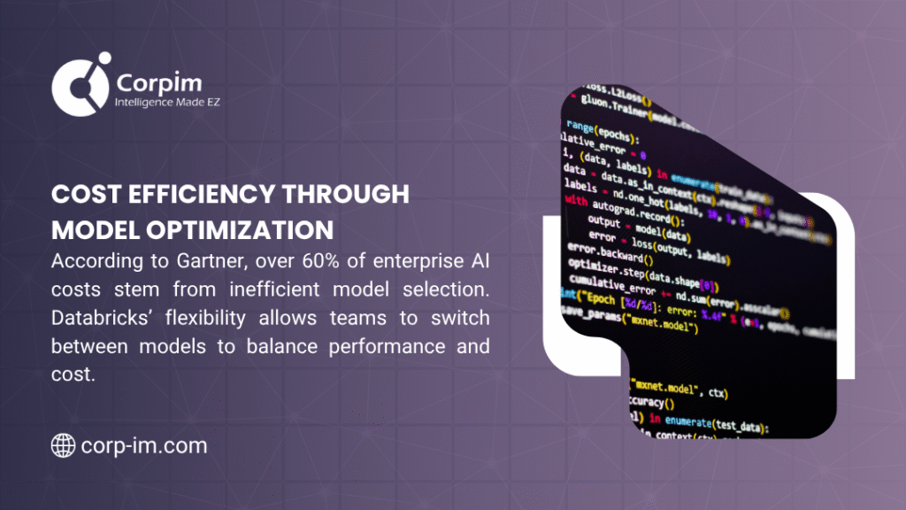 A code interface with text on cost efficiency through model optimization, noting over 60% of enterprise AI costs stem from inefficient model selection, with Databricks aiding performance-cost balance.