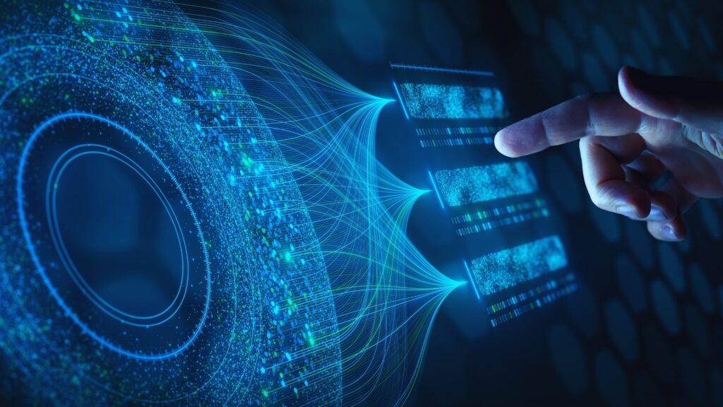 Hand pointing to holographic big data visualization: Streams of binary code and glowing lines connect data clusters in futuristic interface.