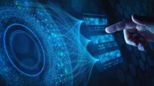 Hand pointing to holographic big data visualization: Streams of binary code and glowing lines connect data clusters in futuristic interface.