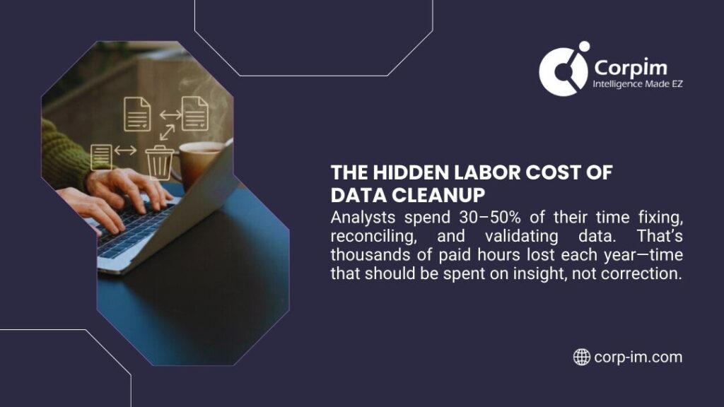 Cost of Bad Data Decisions: Hidden Financial Damage (2026) 2 Professional spending time fixing and validating data on laptop showing hidden labor costs of data cleanup affecting business productivity