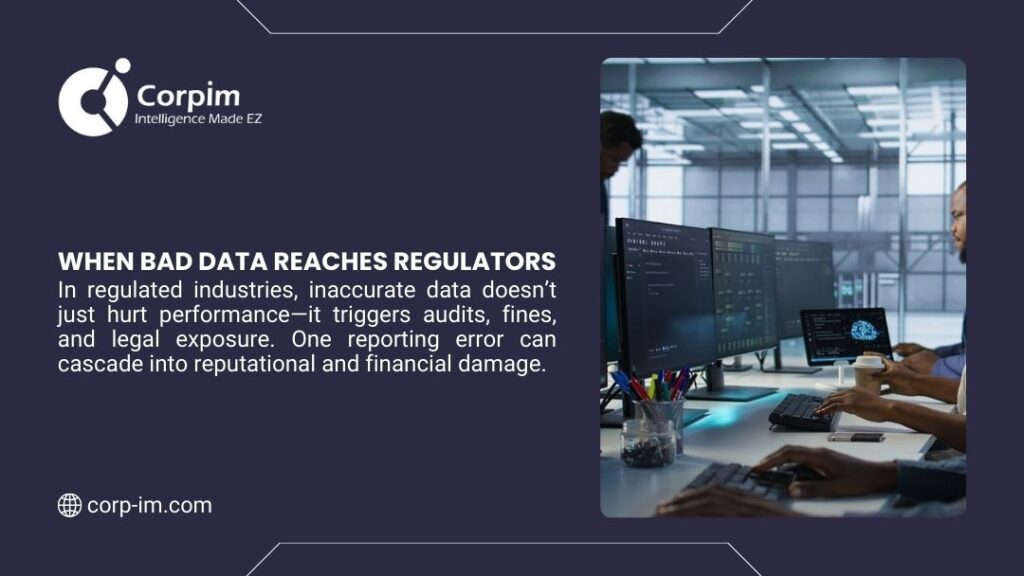 Cost of Bad Data Decisions: Hidden Financial Damage (2026) 3 Professionals analyzing data with regulatory oversight showing risks of bad data triggering audits, fines, and legal exposure