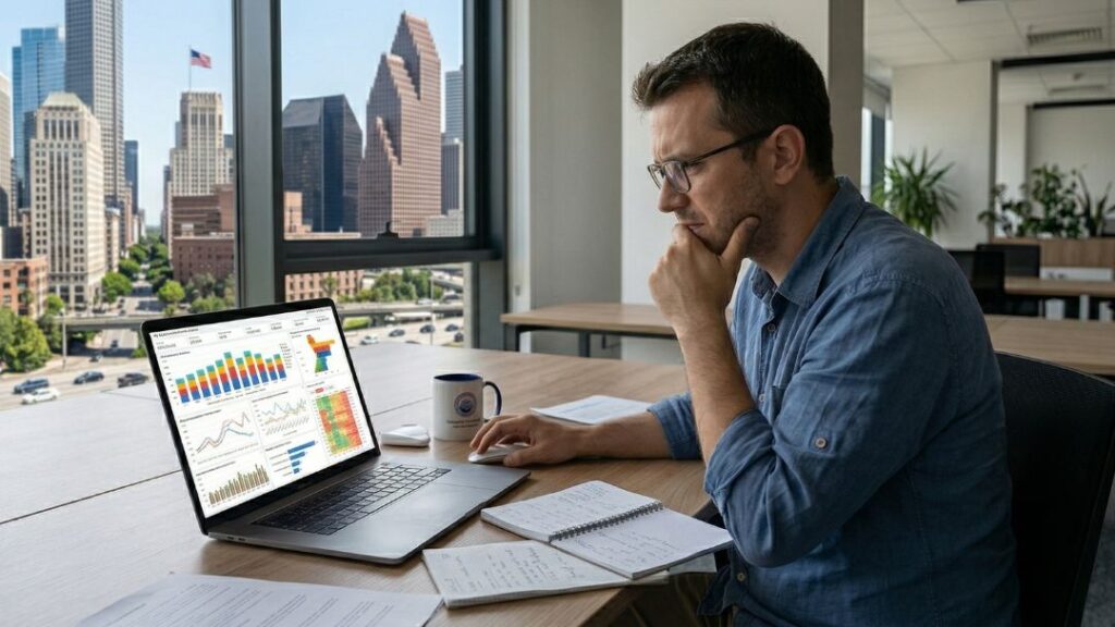 BI Adoption Challenges Why Business Intelligence Fails and How to Fix It. Man with glasses sitting at a desk thoughtfully reviewing complex data dashboards and charts on a laptop in a modern office with city skyline view.