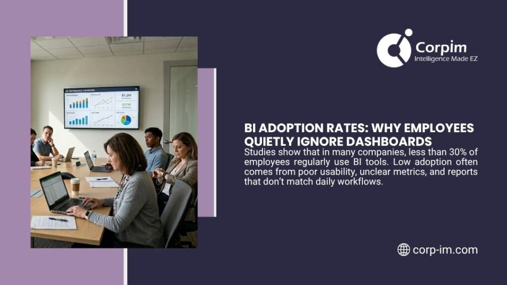Why BI Projects Fail: What Actually Goes Wrong (And How to Avoid It) 2 Employees in a meeting room ignoring a BI performance dashboard on the wall showing low BI adoption rates in the workplace.