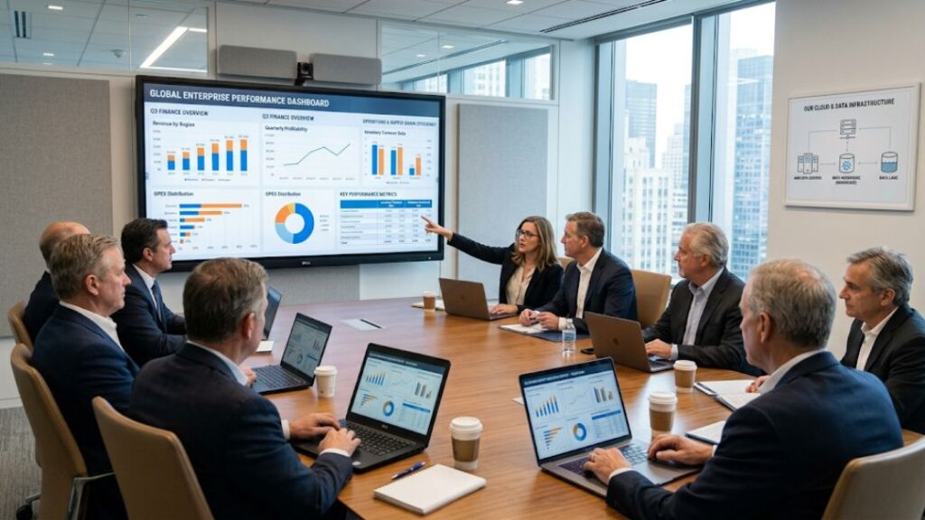 Business Intelligence Consulting for Small Business 10 Executive team reviewing a consolidated global enterprise BI dashboard in a boardroom showing a strategic guide to BI tool consolidation.