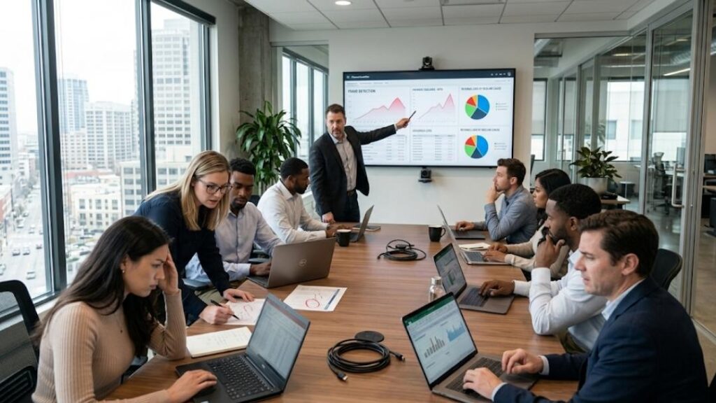business intelligence services for insurance 10 Stressed business team in a boardroom reviewing failed BI project charts showing what actually goes wrong and how to avoid it.