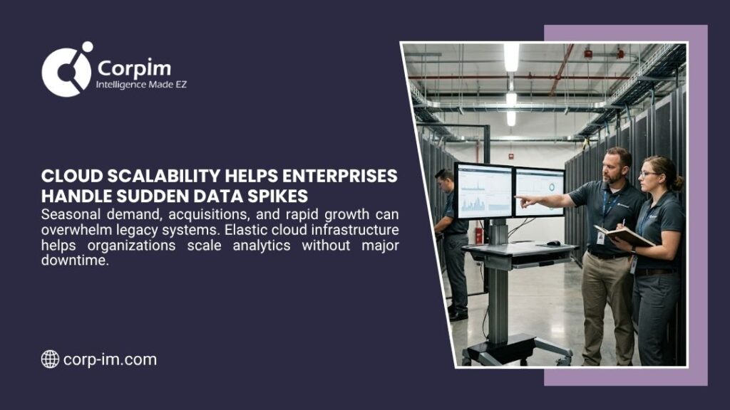 Scaling Analytics Infrastructure: A Practical Guide for Modern Enterprise Data Growth 3 IT professionals monitoring analytics dashboards in a server room, showing how cloud scalability helps enterprises handle sudden data spikes without downtime.