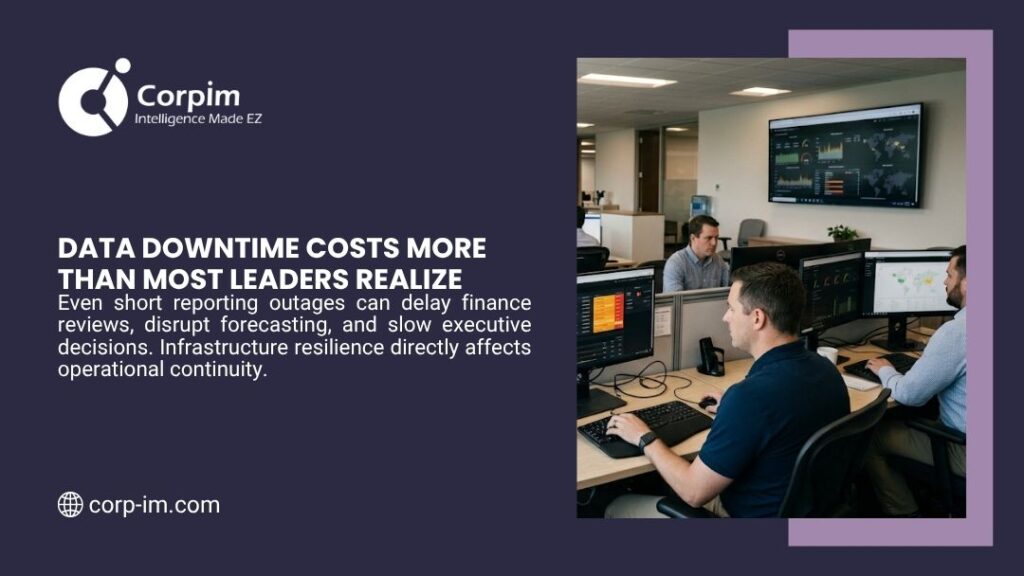 Scaling Analytics Infrastructure: A Practical Guide for Modern Enterprise Data Growth 1 Corpim graphic "Data Downtime Costs More Than Most Leaders Realize" showing professionals working at multiple monitors with data dashboards in a modern office.