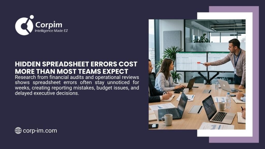 Spreadsheet Limitations for Business: Why Modern Companies Need Smarter Data Systems 1 Business team in modern conference room discussing data on large monitors and laptops during a meeting. Corpim graphic highlighting how hidden spreadsheet errors cost more than most teams expect.