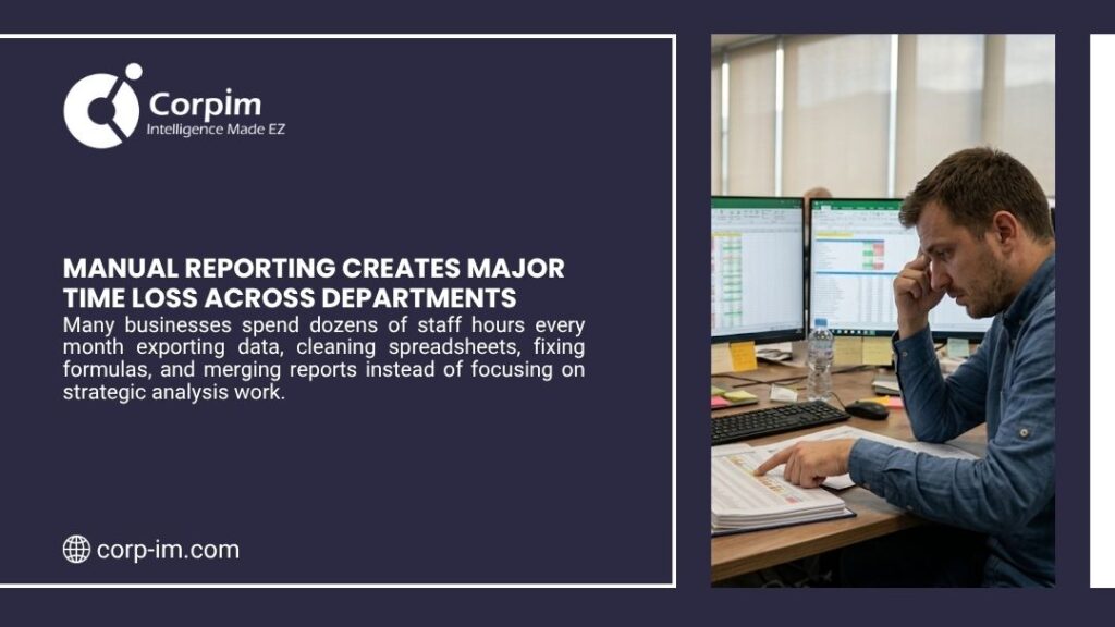 Spreadsheet Limitations for Business: Why Modern Companies Need Smarter Data Systems 2 Stressed man at desk with multiple monitors reviewing spreadsheets and documents. Corpim illustration showing how manual reporting creates major time loss across departments.