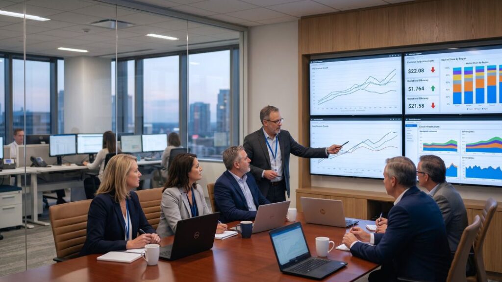 business intelligence services 10 An executive points to a multi-screen dashboard during a meeting focused on scaling analytics infrastructure for enterprise data growth.