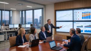 An executive points to a multi-screen dashboard during a meeting focused on scaling analytics infrastructure for enterprise data growth.