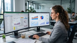 An office worker uses dual monitors to contrast traditional spreadsheet limitations with a modern BI solution dashboard displaying clear charts and KPIs.