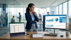 Professional woman standing at desk with laptop showing spreadsheet and monitor displaying business intelligence dashboard, with headline "Excel vs Business Intelligence" by Corpim.