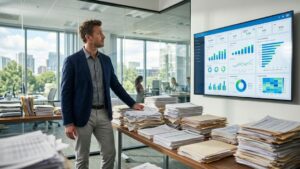 Man in blue blazer standing in office next to table piled with paper documents and large data dashboard screen, with headline "Outgrowing Spreadsheets" by Corpim.