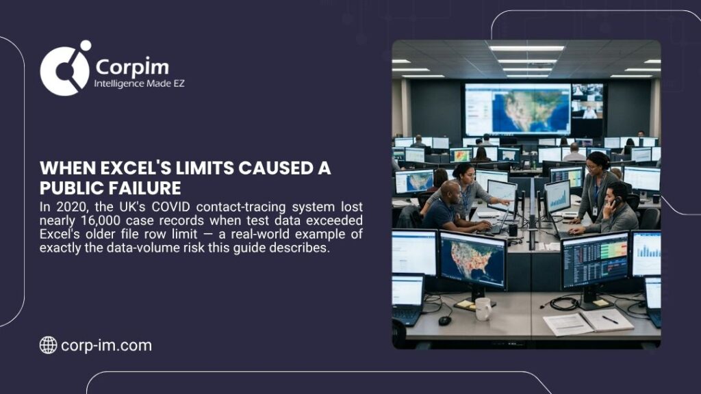 Excel vs Business Intelligence: When to Move Beyond Spreadsheets 2 Team working in modern command center with multiple monitors and maps, with headline "When Excel's Limits Caused a Public Failure" by Corpim.