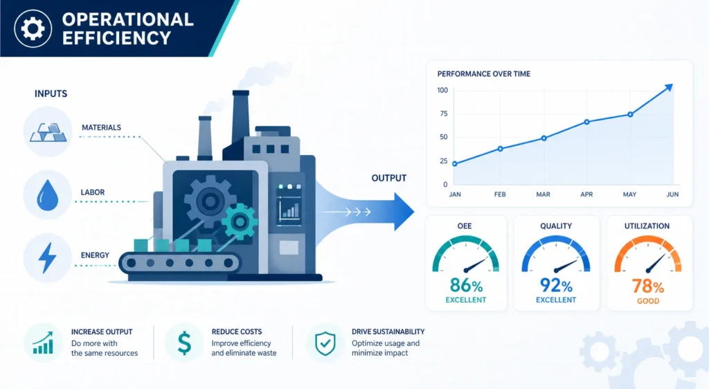 business intelligence consulting 11 Flat illustration of gears and inputs converting into rising performance charts and gauge dials representing operational efficiency metrics