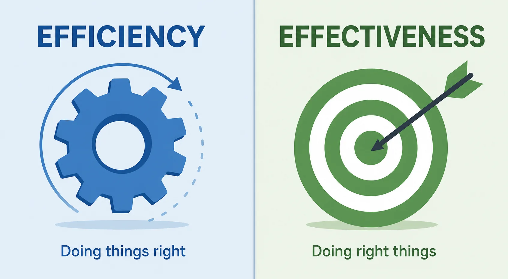 Operational Efficiency Metrics: KPIs That Drive Results 1 Side-by-side comparison of efficiency shown as a smooth gear versus effectiveness shown as an arrow hitting a target